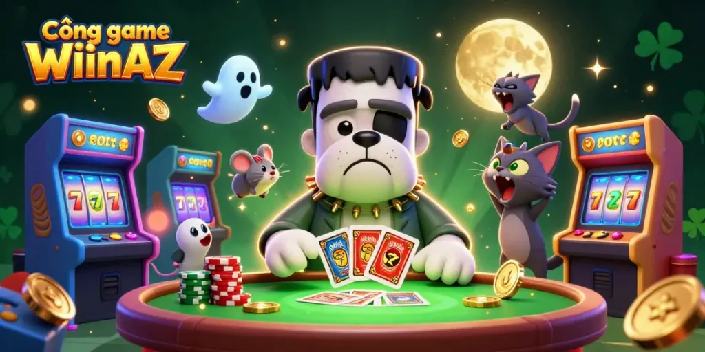 Cổng game WIinAZ features a vibrant 3D illustration showcasing unique characters and casino elements.