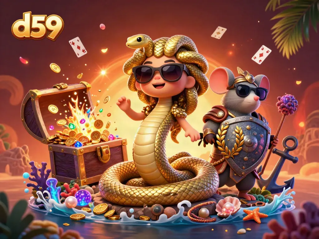 Engage in thrilling games at d59, with a playful Medusa and warrior mouse amidst vibrant casino elements.