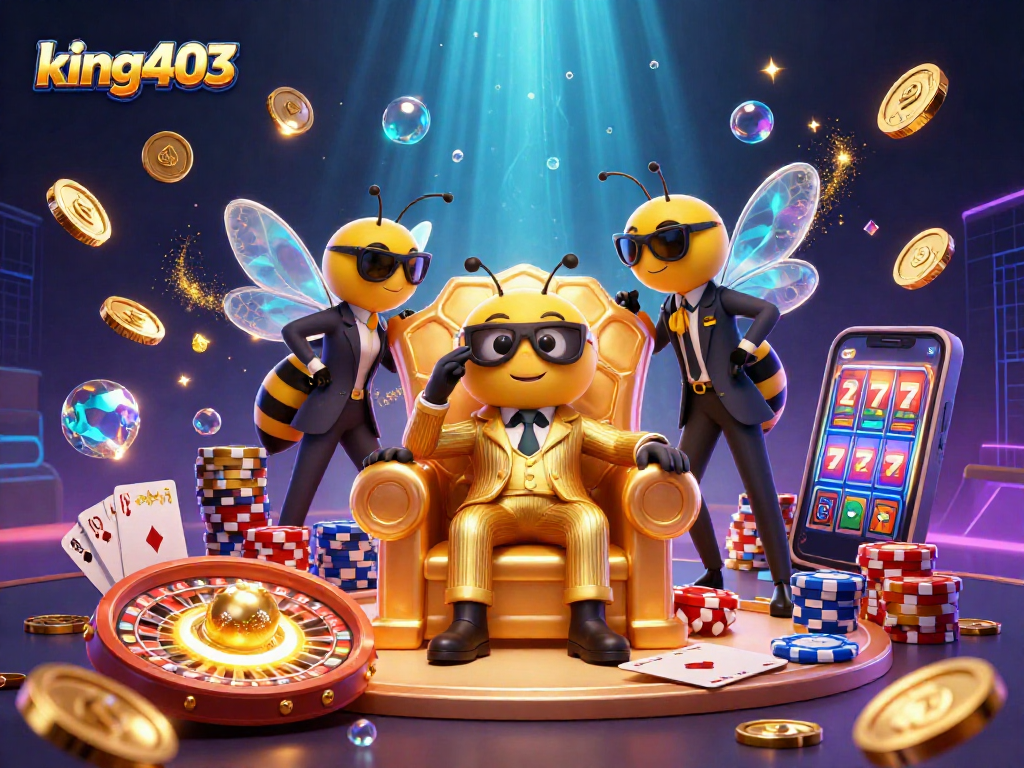 Win big with king403 as the bumblebee mob boss oversees a dazzling casino scene filled with sparkling slots and roulette.