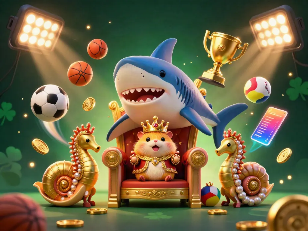 A golden hamster king reigns on a megalodon tooth throne at w188, surrounded by dynamic sports-themed visual elements.