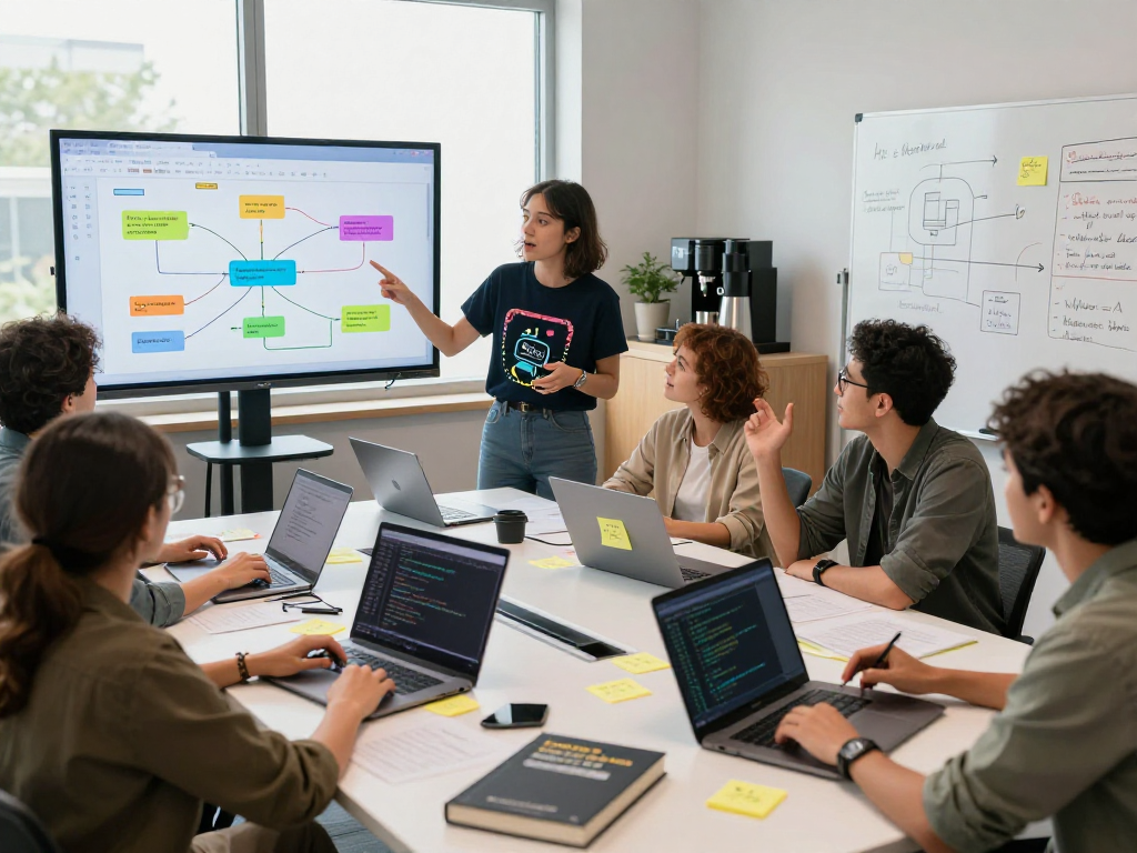 Engaged team collaborating on spicy ai chat application in modern workspace.