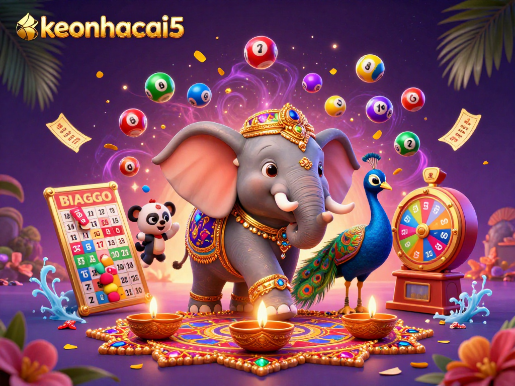 Experience the thrill of keonhacai5 with colorful lottery balls bouncing around playful characters.