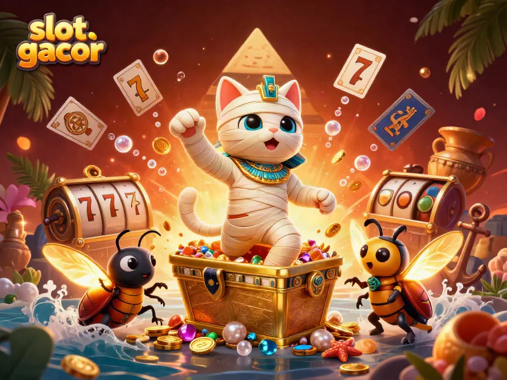 Slot gacor yang menarik dengan karakter kucing mummy 3D di kasino yang megah.