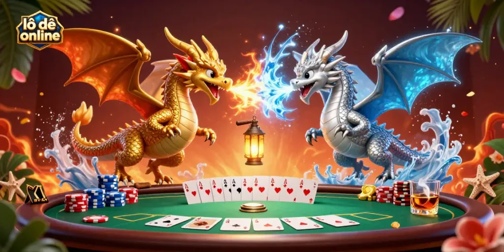 Engage in lô đề online adventures with dynamic dragons, colorful poker elements, and vibrant casino atmosphere.