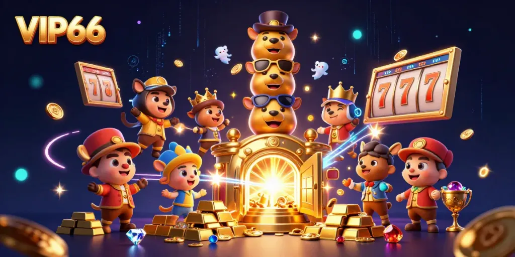 Engage with VIP66 at this vibrant casino-themed illustration, showcasing dynamic characters and spinning jackpots.