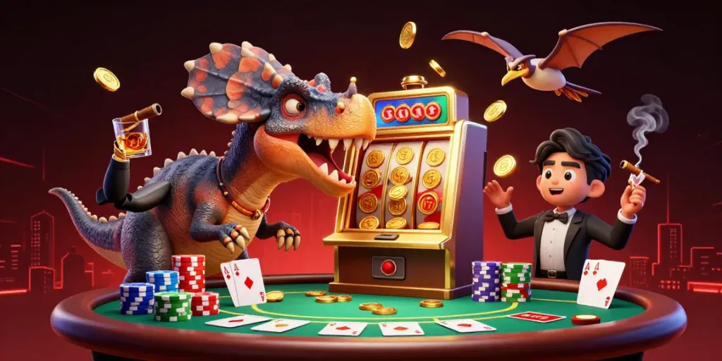 GO99 features cartoon dinosaurs celebrating a slot machine jackpot amidst vibrant casino elements.