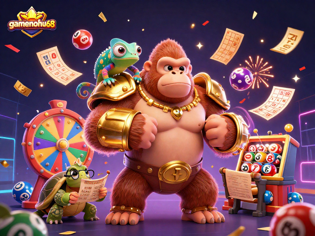 Experience thrilling lottery excitement with gamenohu68's colorful scene featuring vibrant characters and captivating elements.