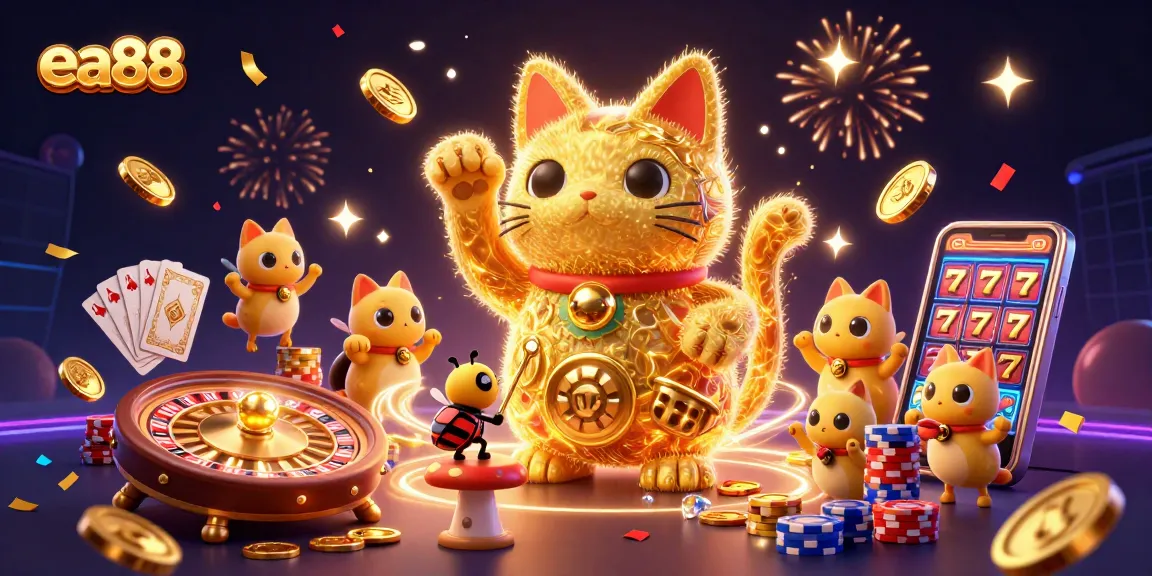 Experience luck with ea88 in this vibrant online casino scene filled with golden coins and festive elements.