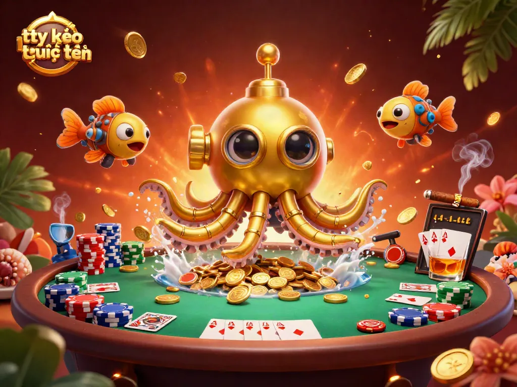 Enhance your betting with tỷ lệ kèo trực tuyến, featuring vibrant poker elements and the kraken submarine illustration.
