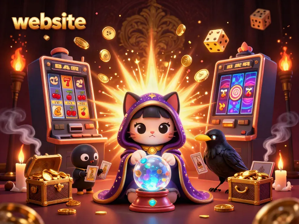 Mainkan slot gacor dengan tema website di ilustrasi kasino dengan kucing mistis, burung ravena, dan banyak elemen menarik.