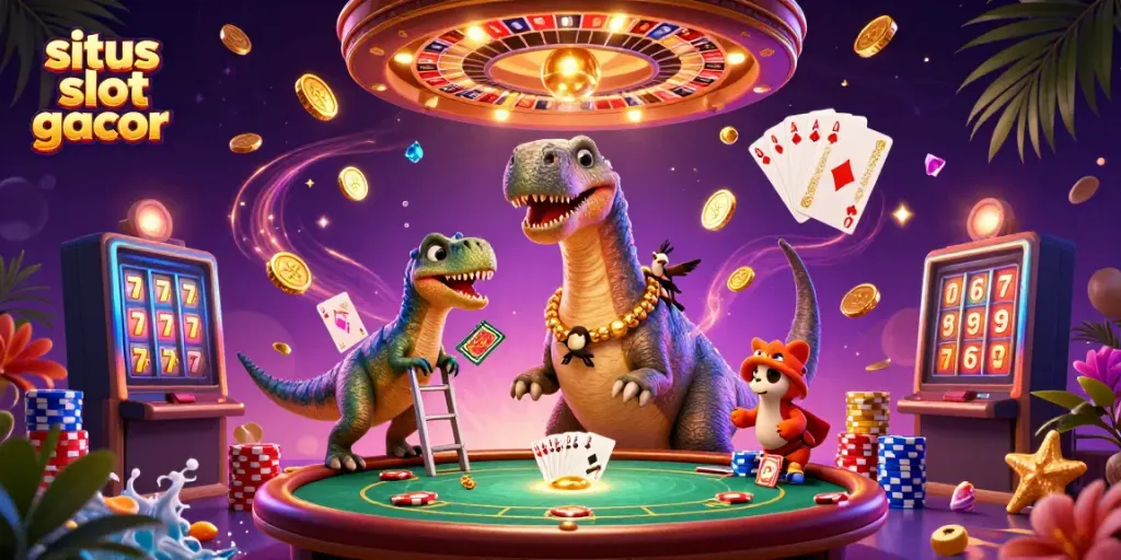 Permainan situs slot gacor dengan dinosaurus 3D yang memukau dan suasana kasino yang megah.