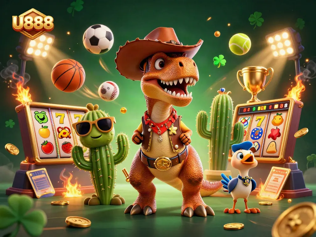 Experience thrilling gameplay with U888 featuring a T-Rex dinosaur in a lively casino scene.