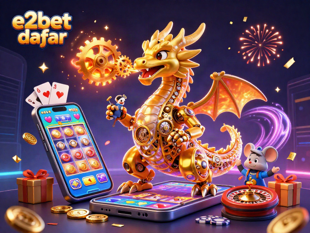 Visualisasikan e2bet daftar dengan naga emas mekanik dan elemen kasino yang menarik.