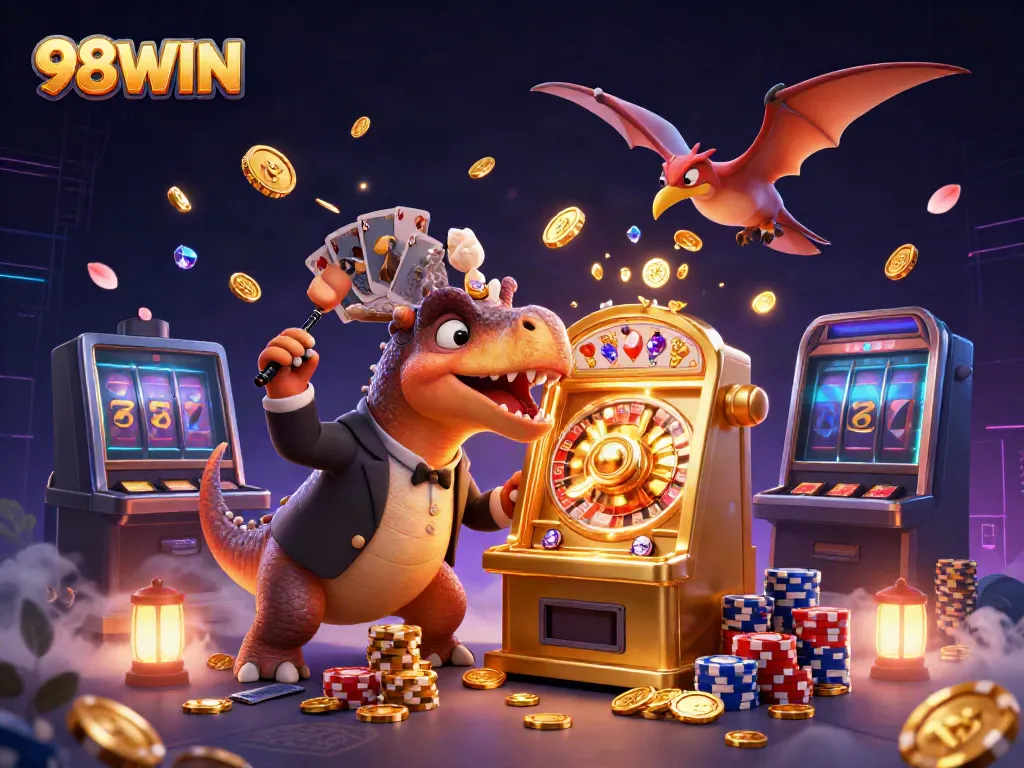 Enjoy big wins at 98WIN with a whimsical scene of a dinosaur activating a slot machine amid flying coins.