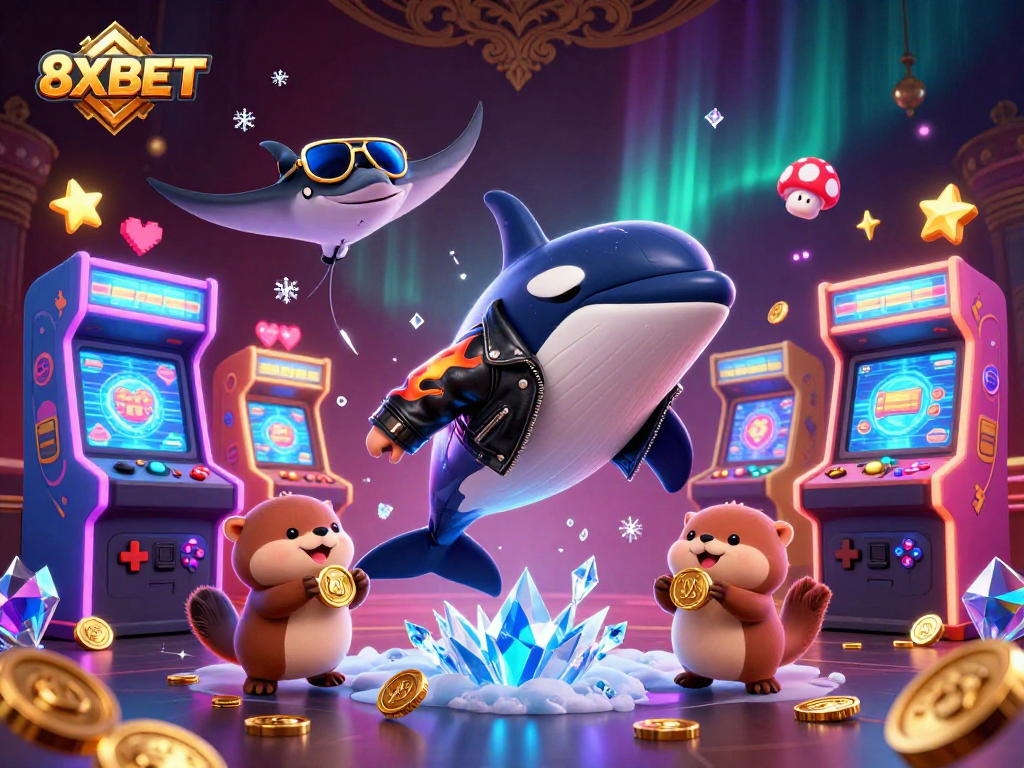 Bet on 8XBET's exciting jackpots with a whimsical scene featuring animated characters collecting golden coins.