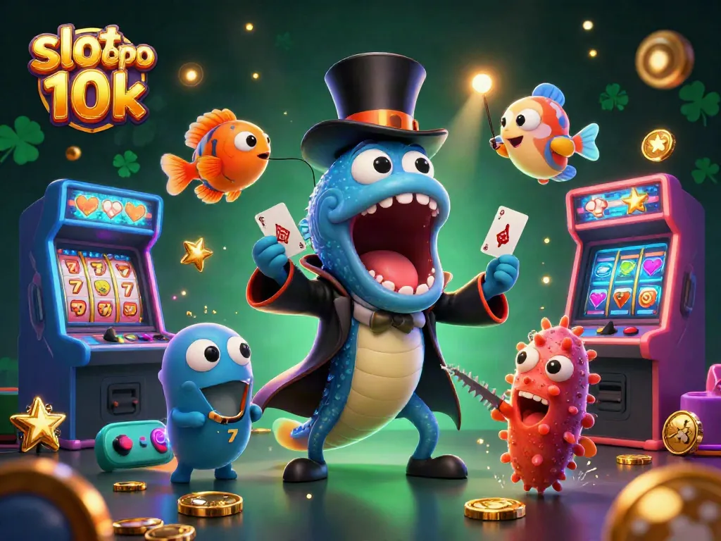 Engage with the slot depo 10k scene featuring animated underwater characters, slot reels, and vibrant casino elements.