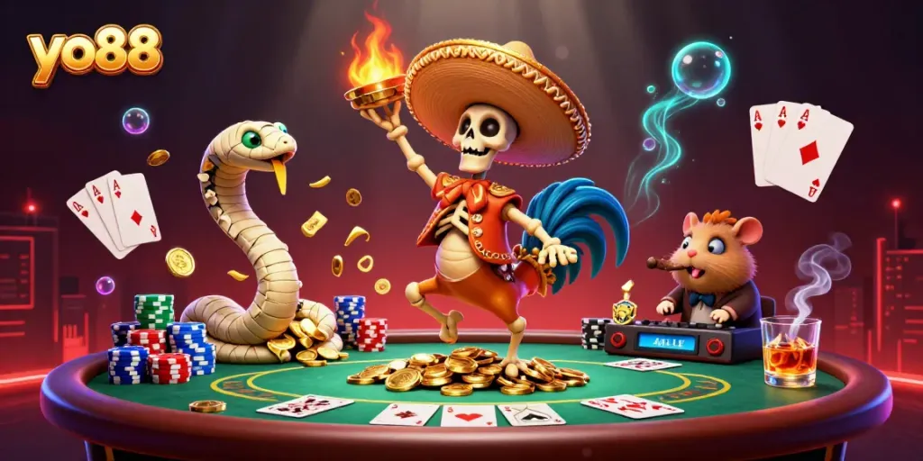 Experience excitement at yo88's casino with a victorious skeleton mariachi amidst poker chips and game elements.