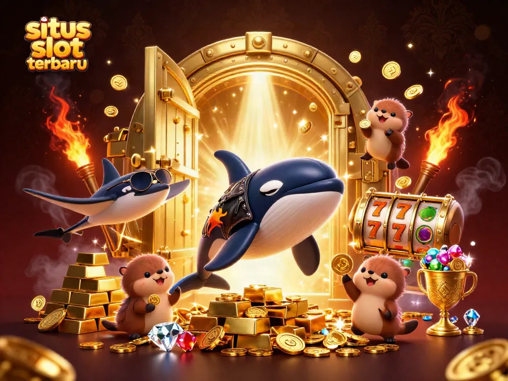 Situs slot terbaru menampilkan orca, stingray, dan beruang laut dengan koin emas dalam suasana kasino ceria.