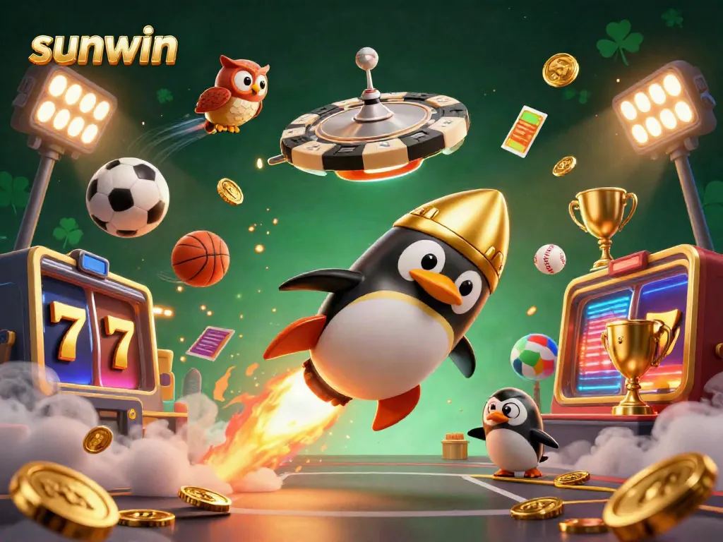 Experience sunwin's vibrant casino atmosphere with a penguin racing to a poker chip space station surrounded by colorful game elements.