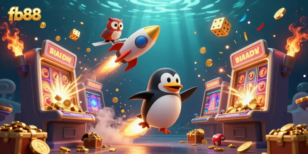 Experience the thrills of fb88 with a dynamic casino scene featuring a golden penguin and jackpot symbols.