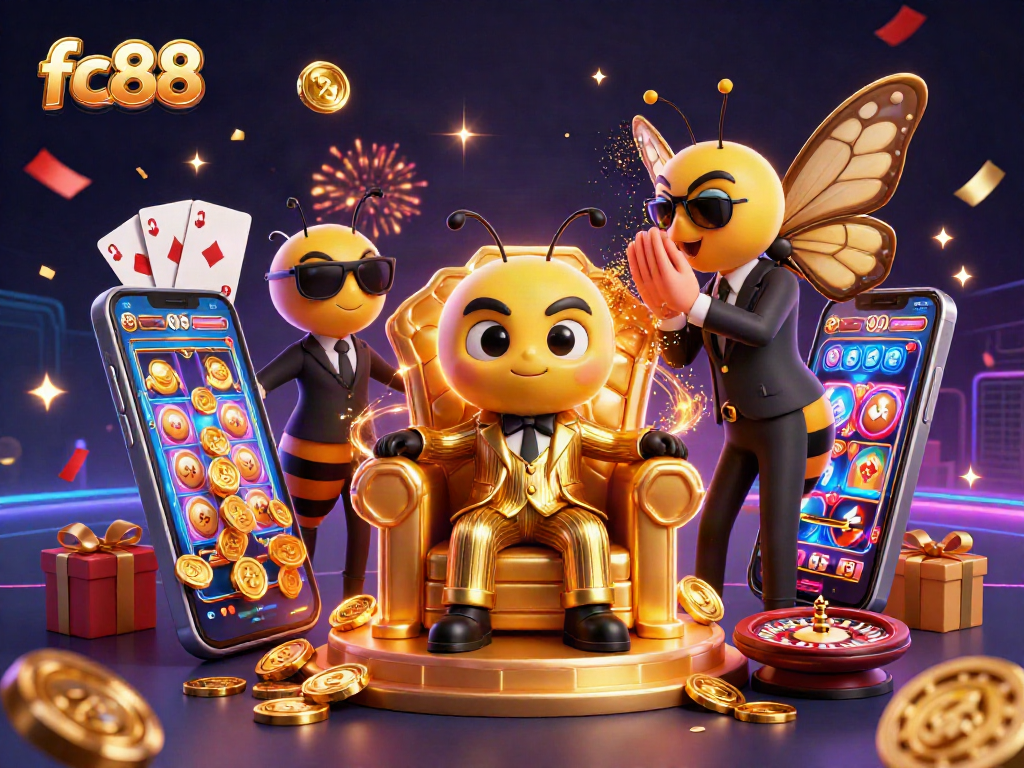 fc88 chào mừng bạn đến sòng bài, với các biểu tượng máy slot và đồng xu vàng đang bay