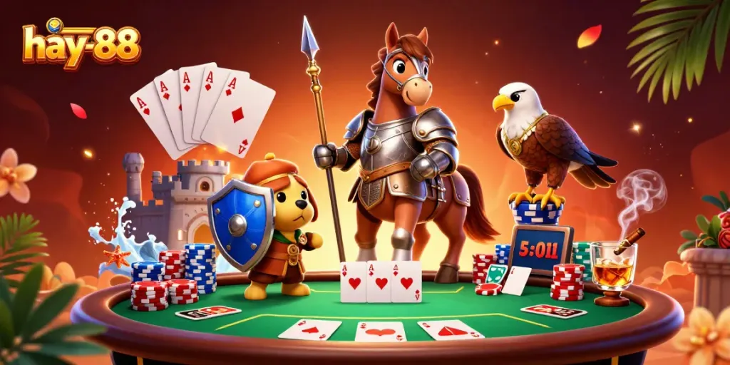 Experience the excitement of poker with hay-88 using suited characters at a vibrant casino table.
