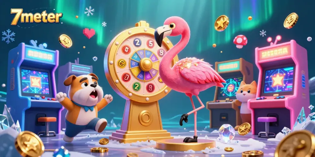 Engage with 7meter as the game show host spins a prize wheel surrounded by colorful game elements.