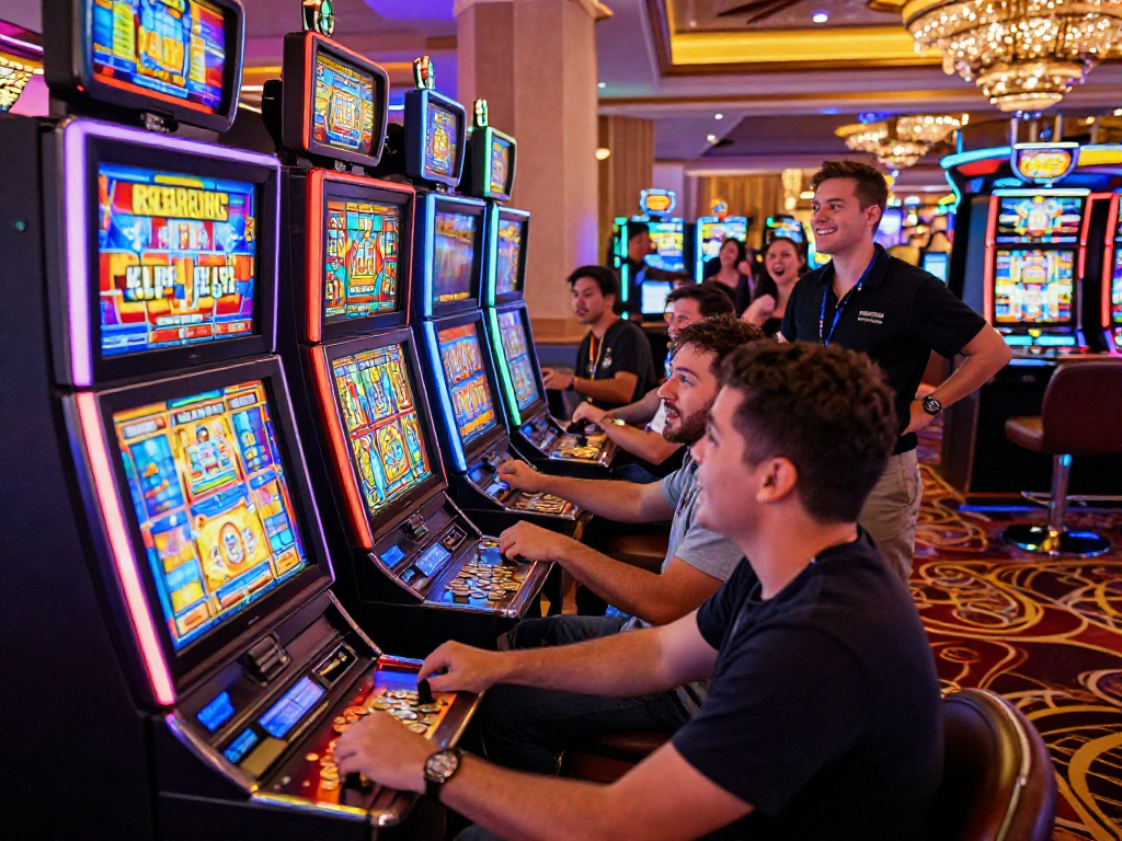 Slot7000 mesin judi di kasino yang ramai dengan pengunjung bersemangat.