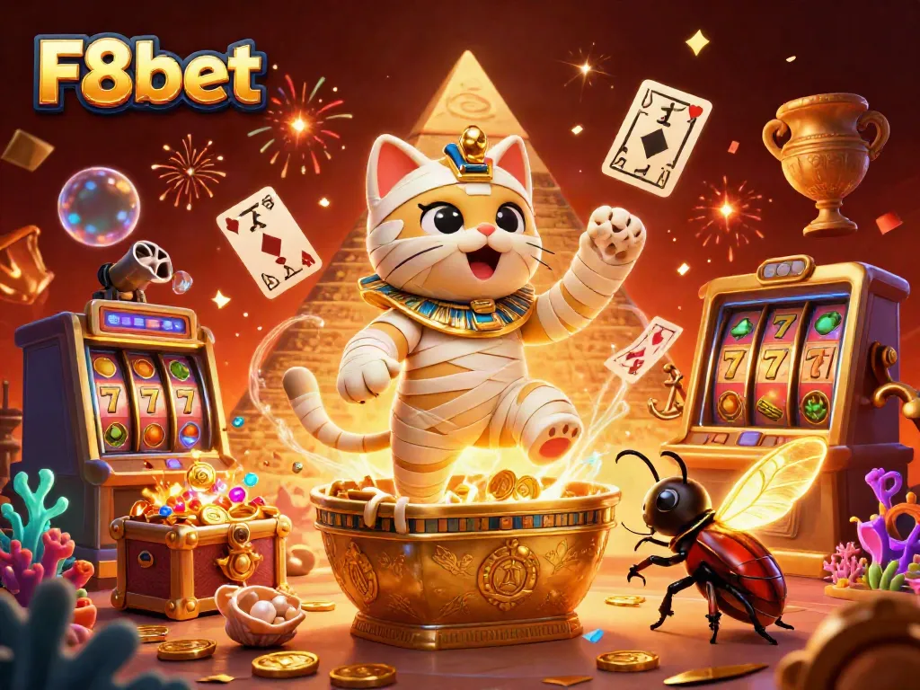 Experience thrilling slots at F8bet with a dynamic Egyptian-themed scene featuring a mummy cat, glowing scarab, and vibrant casino elements.