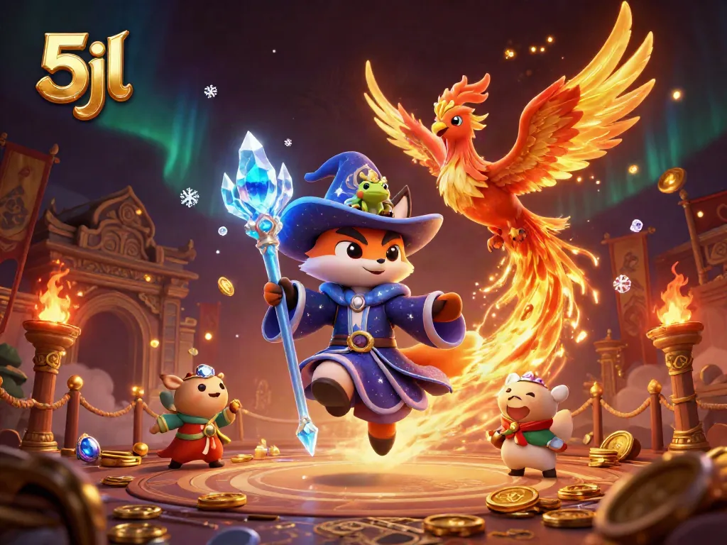 Experience the thrill of 5jl online betting with a mystical wizard, phoenix, and rich casino elements.