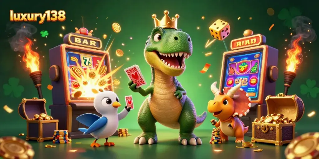 Experience luxury138's vibrant online gaming with T-Rex, pterodactyl, and triceratops in action!