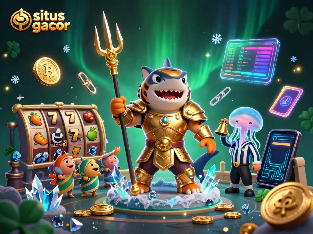 Situs gacor dengan ilustrasi 3D harimau hiu berkostum gladiator emas dan simbol slot dalam arena bawah laut