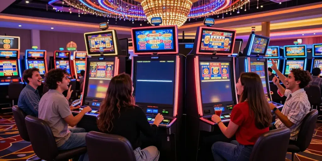 Group of friends joyfully playing slot machines in a vibrant casino environment
