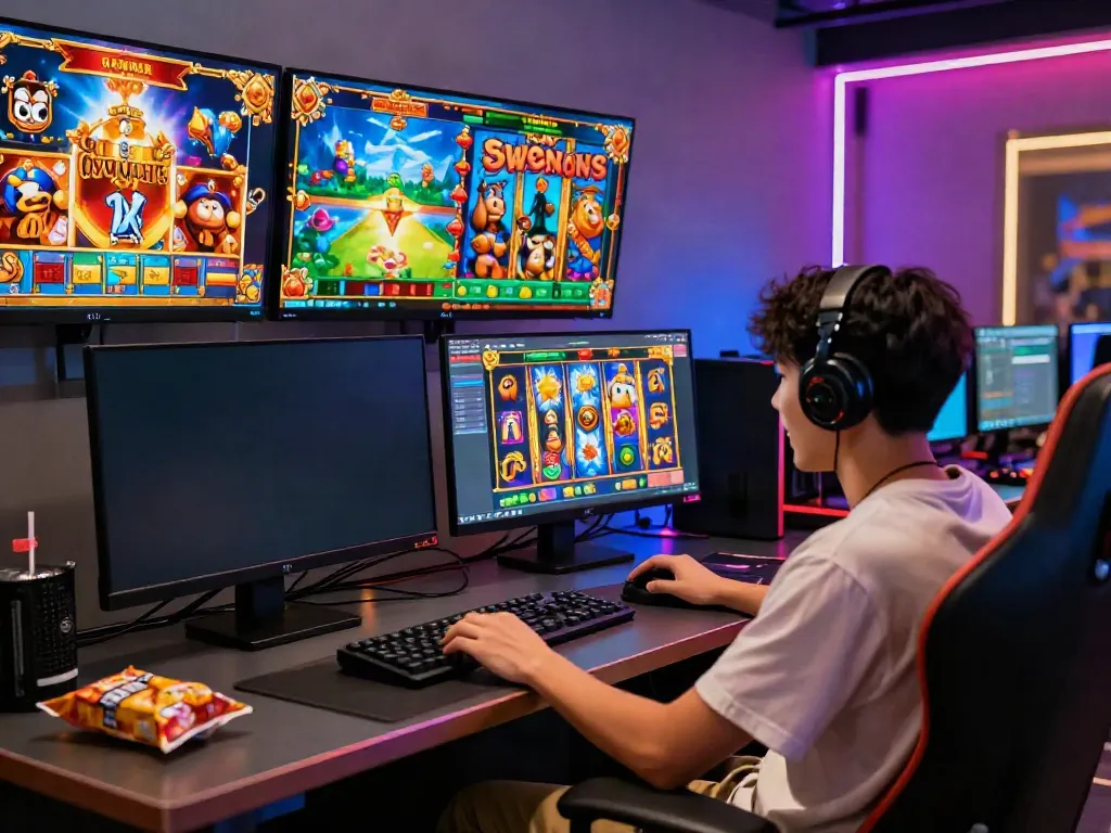 Player experiencing thrilling gameplay on QQMacan slots, surrounded by vibrant gaming visuals and gaming setup.