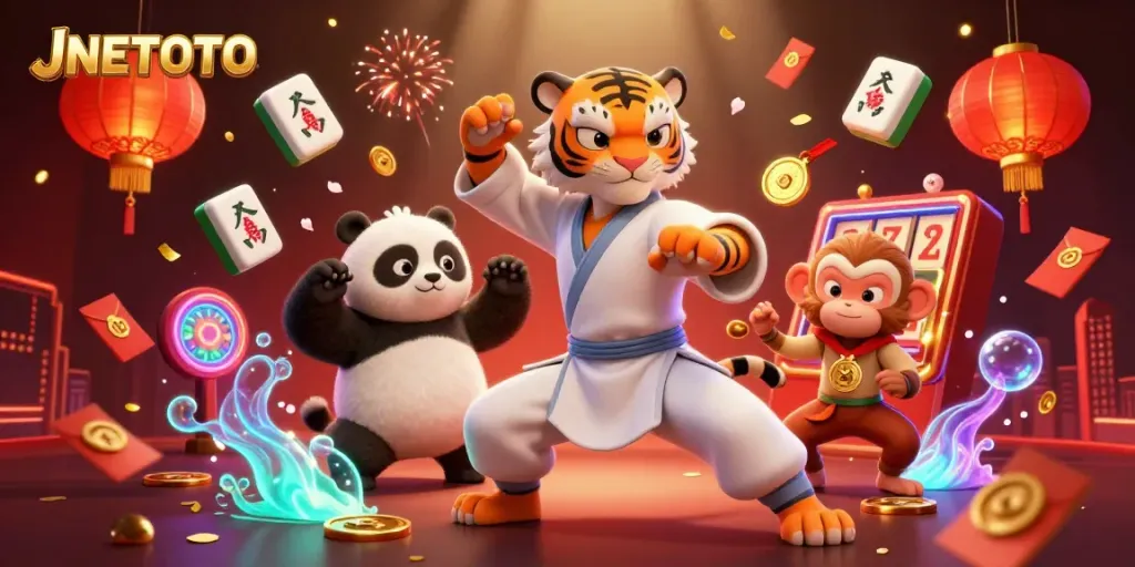 Play thrilling slots with JNETOTO's vibrant characters celebrating fortune and luck in a dynamic casino scene.