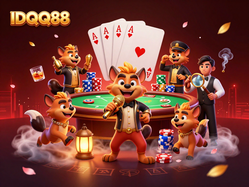 Hyenas humorously running IDQQ88 casino with a microphone, poker elements, and vibrant decorations.