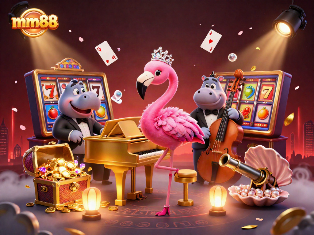 Spin to win with mm88 at a vibrant casino scene of a flamingo singer and hippo bassist surrounded by lively slot games.