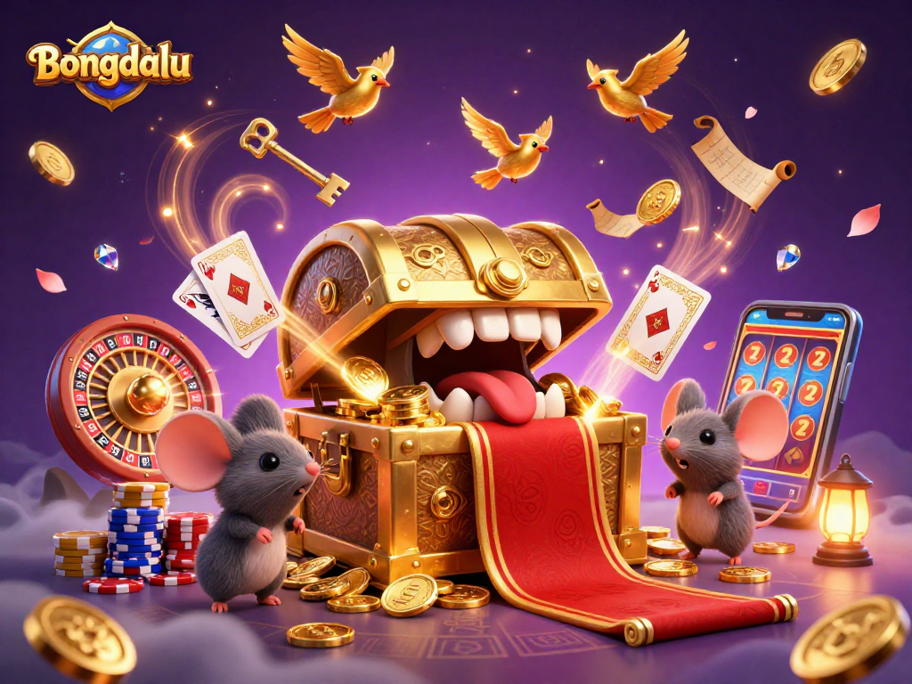 Bongdalu casino themed illustration featuring a treasure chest, gambling elements, and vibrant visual effects.