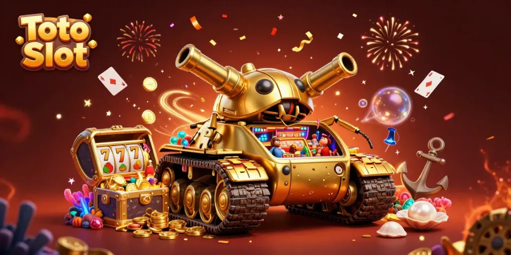 Permainan Toto Slot dengan tank keong emas berisi kasino mini dalam suasana meriah.