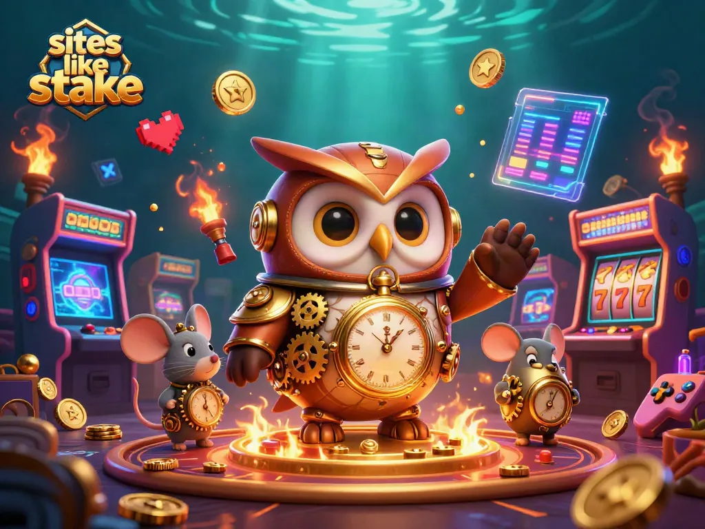 Play exciting games like Stake with this vibrant casino scene featuring slots and steampunk characters.