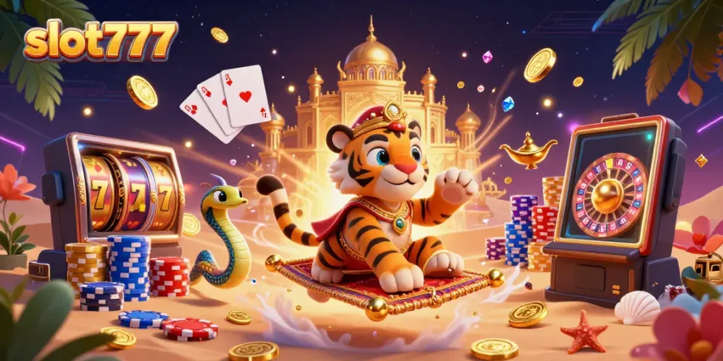 Experience the thrill of slot777 with vibrant casino magic featuring golden coins, slot reels, and a tiger sultan.