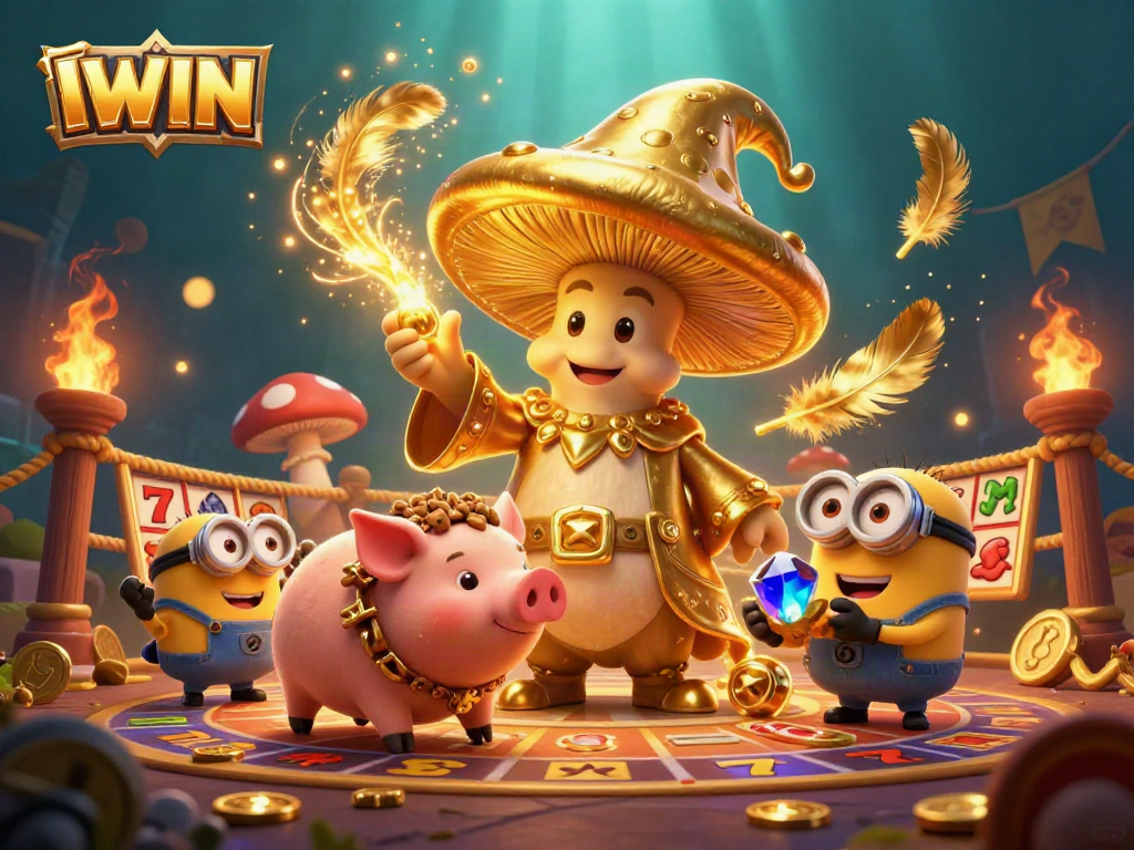 IWIN golden mushroom wizard and friends spin the jackpot in an exciting casino adventure.
