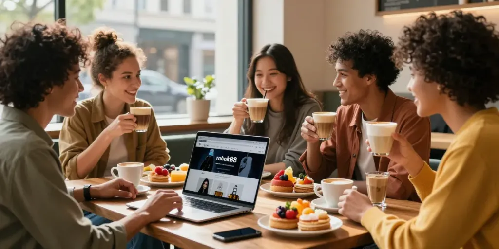 Friends socializing in a trendy café while shopping online for rokok88 merchandise.