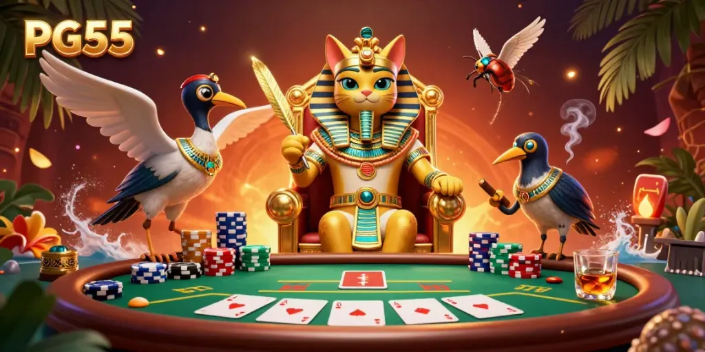 PG55 theme casino illustration showcasing a pharaoh cat, poker elements, and vibrant details.