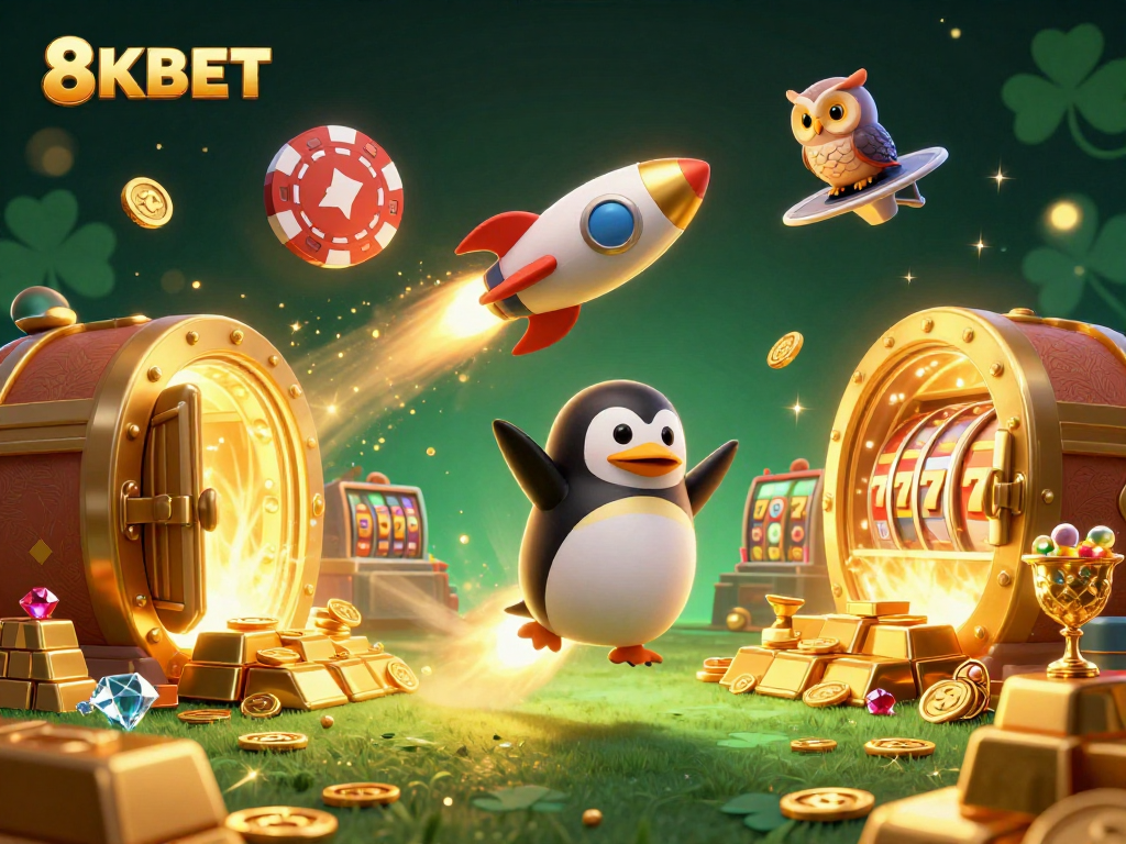 Experience thrilling adventures with 8KBET's rocket penguin and treasures in this vibrant casino scene.