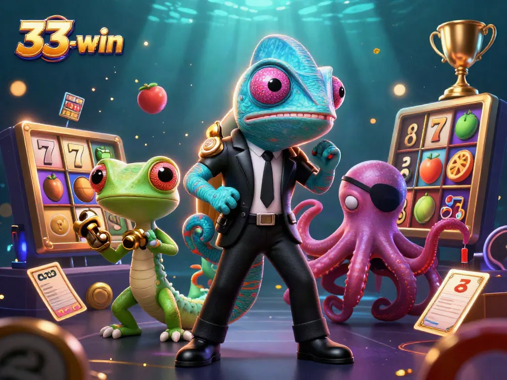 Spin and win with 33-win's colorful jackpot adventure featuring dynamic 3D characters.