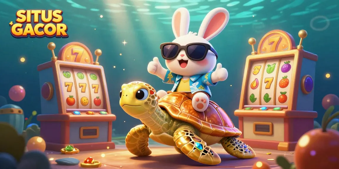 SITUS GACOR: Spin the reels with lucky rabbit and golden turtle in a vibrant 3D casino scene.