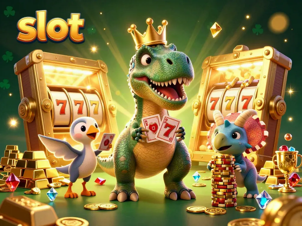 Engage with vibrant slot game action featuring a T-Rex, a pterodactyl, and a triceratops amidst golden treasures.