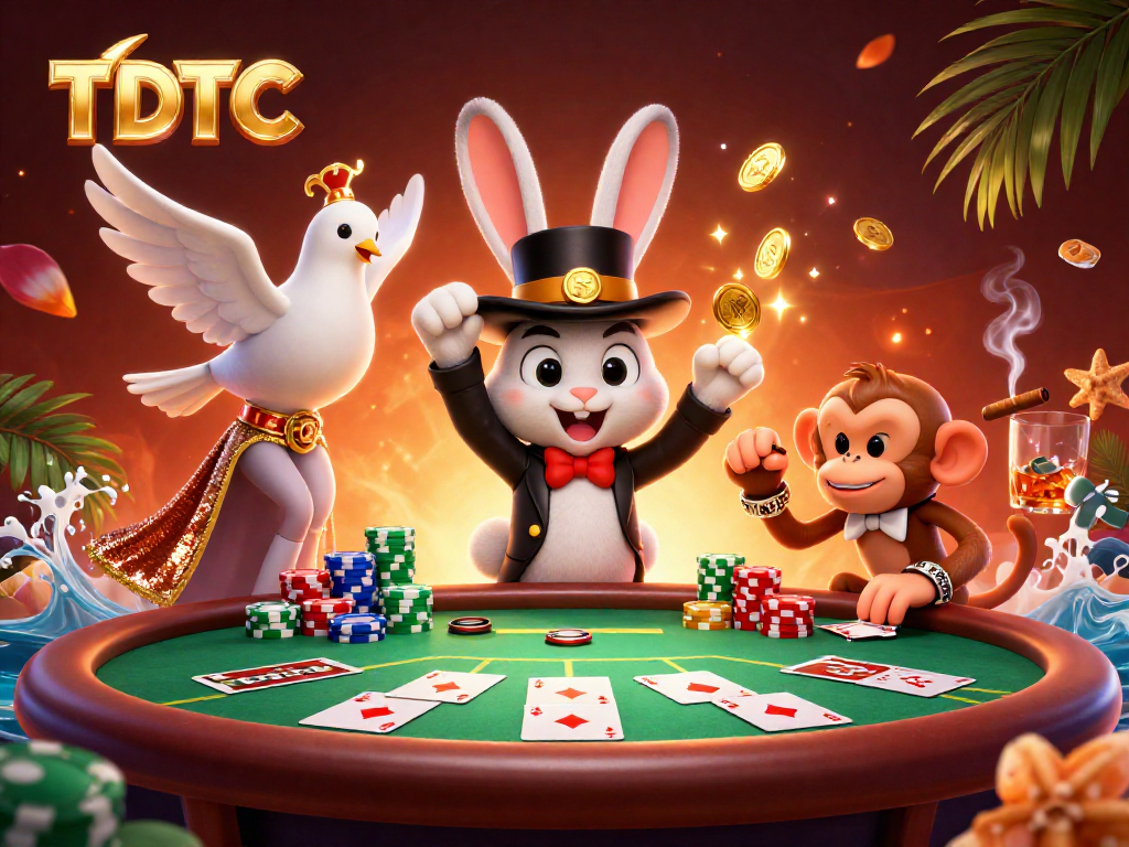 Engaging 3D illustration of TDTC showcasing a magician rabbit, dove, and monkey at a poker table.