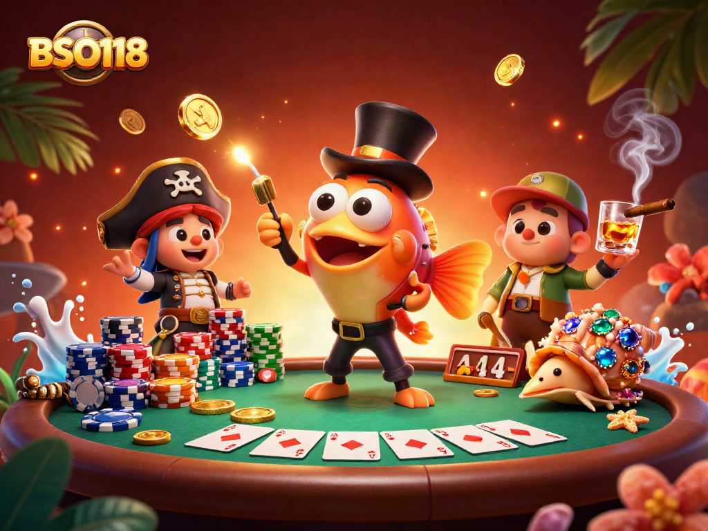 Engage with BSO118's vibrant 3D casino scene featuring poker elements and treasure!